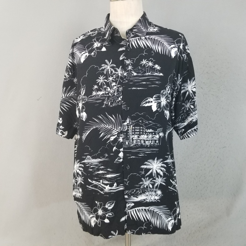 Cubavera Shirt Mens XL Black White Tropical Hawaiian Palm Tree Viscose Button Up